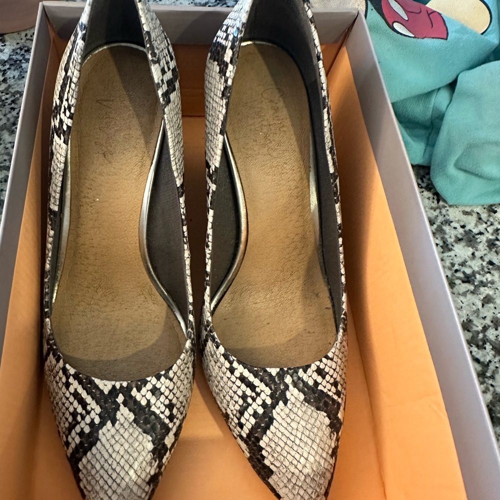 Crown Vintage Snake-Print Pointed Flats in Black & White